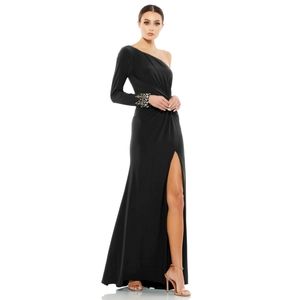 MAC DUGGAL size 12 ONE SLEEVE BEADED CUFF SIDE TWIST black GOWN Dress Womens